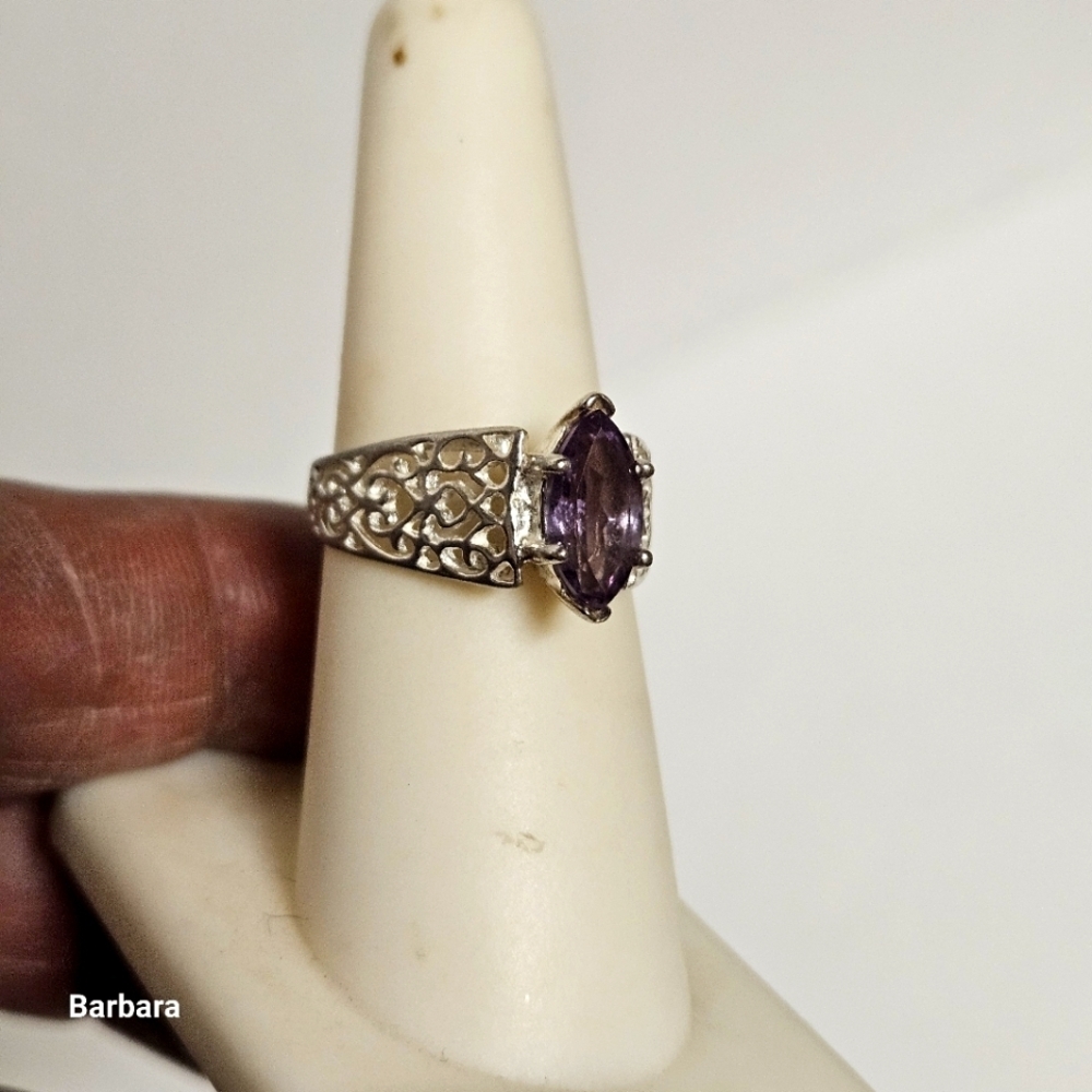 Open Scroll Sterling Silver Marquise Ameythst Ring, Size 6.5